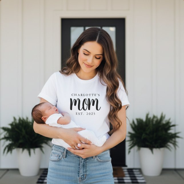 Minimal Custom Child Name New Mom Established Year T-Shirt (minimal modern script custom childs name mom established tshirt gift for new moms Mother's Day Gifts)