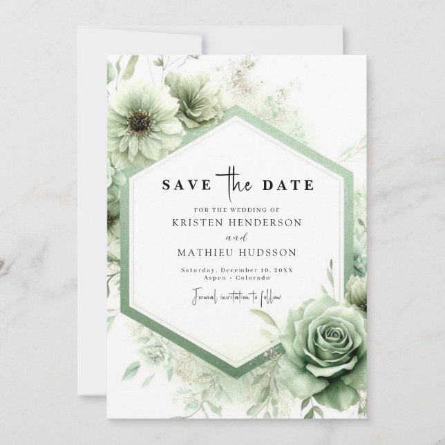 Minimal Custom Typografy Sage Green Wedding Save The Date (Vorderseite)