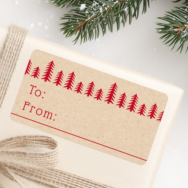Minimal cute Christmas trees red Kraft print Adressaufkleber (Minimal cute Christmas trees red Kraft print Label)