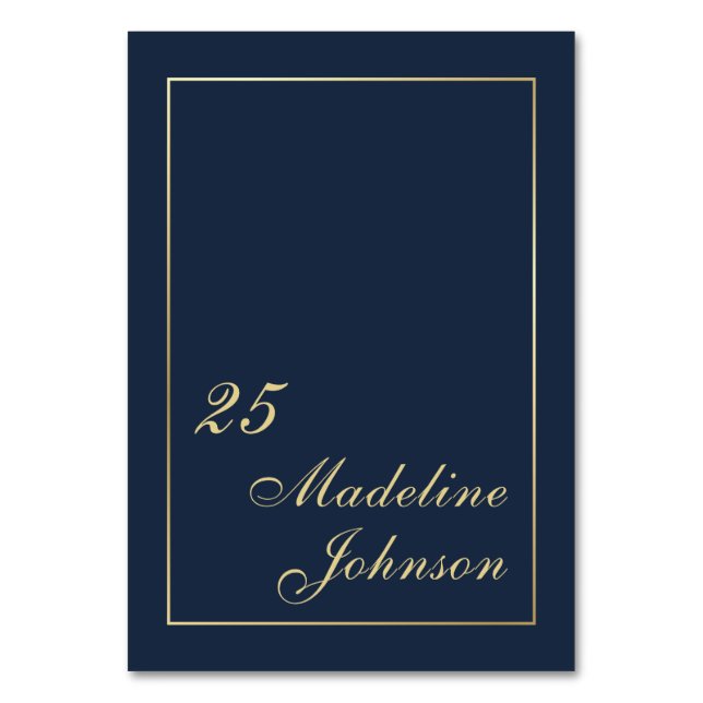Minimal Dark Navy Blue Gold Border Elegantes Skrip Tischnummer (Vorderseite)