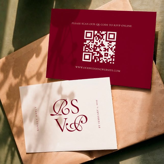 Minimal Deep Burgundy Script Qr Code Wedding RSVP Karte (Von Creator hochgeladen)