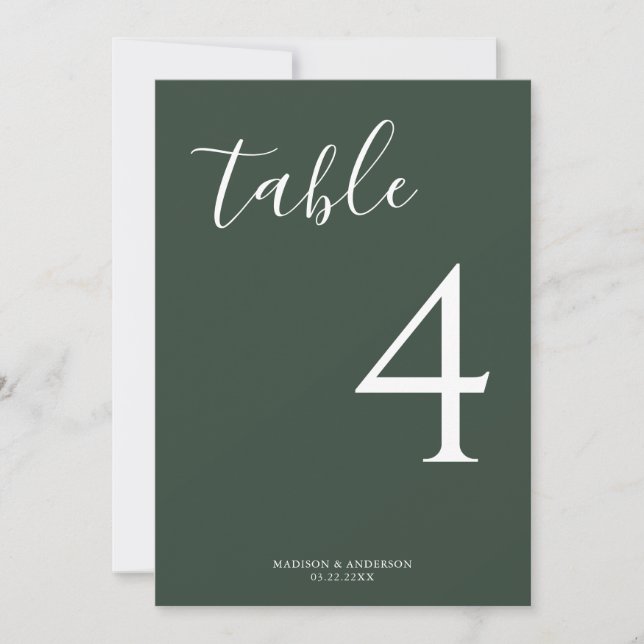 Minimal Deep Green Script Wedding Tischnummer (Vorderseite)