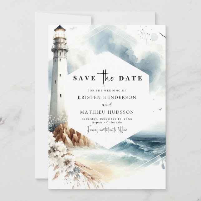 Minimal druckbare Whimsy Lighthouse Hochzeit Save The Date (Vorderseite)