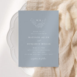 Minimal Dusty Blue Botanical Monogram Wedding Einladung