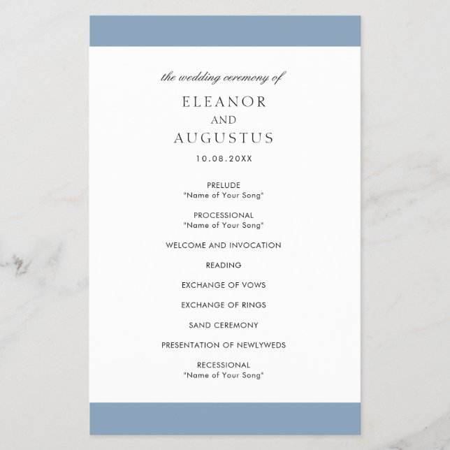 Minimal Dusty Blue Elegante Budget Hochzeitsprogra Flyer (Vorne)