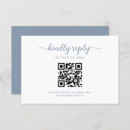 Minimal Dusty Blue Floral Monogram QR Code Wedding RSVP Karte
