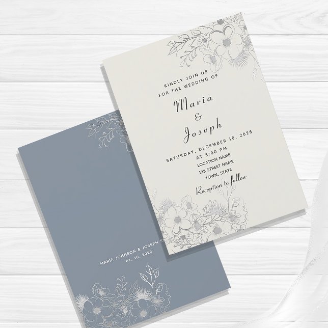 Minimal Dusty Blue Floral Wedding Einladung (Von Creator hochgeladen)