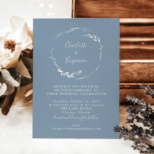 Minimal Dusty Blue Floral Wreath Script Hochzeit Einladung