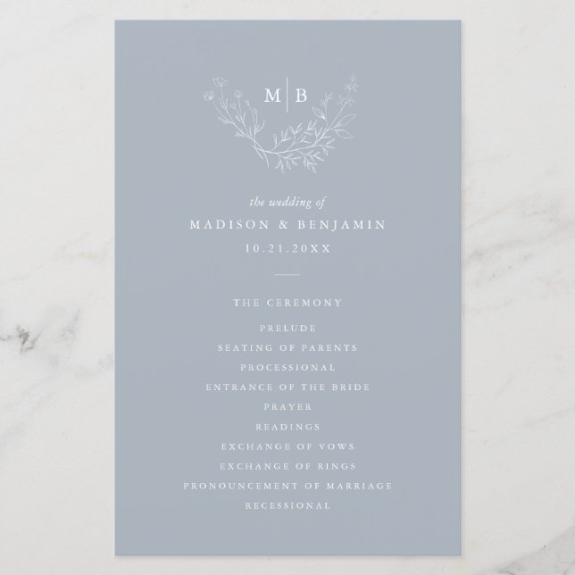 Minimal Dusty Blue Formal Monogram Wedding Program (Vorderseite)