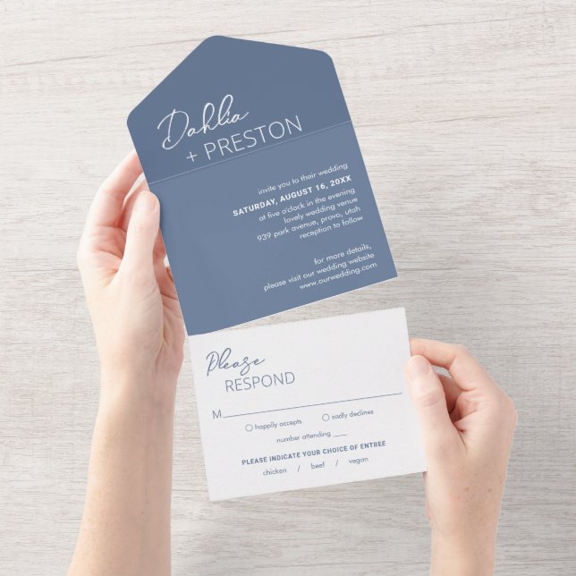 Minimal Dusty Blue Modern Wedding All In One Einladung (Abreißen)