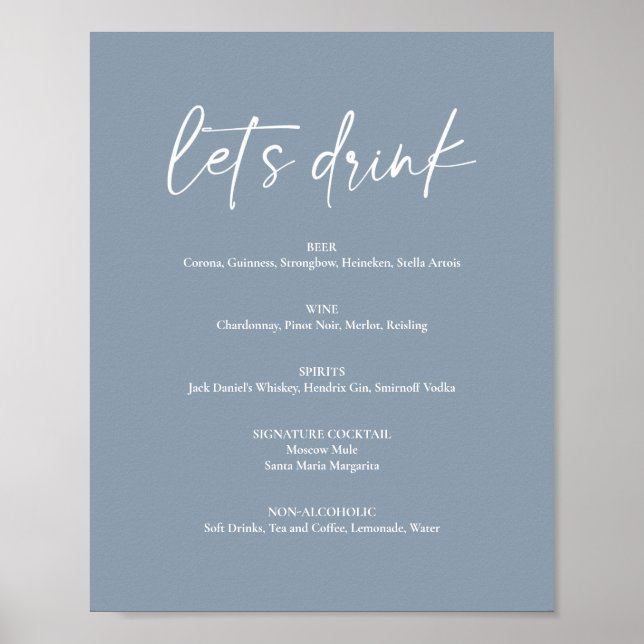 Minimal Dusty Blue Modern Wedding Drink Bar Menu Poster (Vorne)
