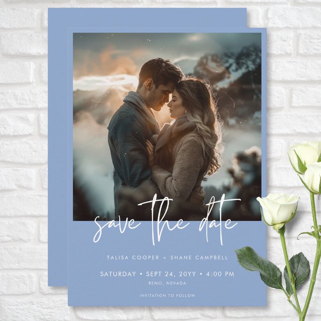Minimal Dusty Blue Modernes Foto Hochzeit Save The Date (Minimal Dusty Blue Modern Photo Wedding Save The Date)