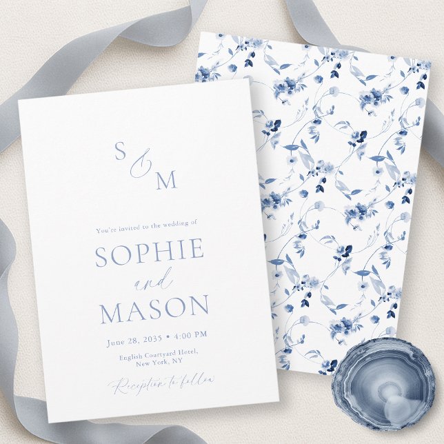 Minimal Dusty Blue Monogram Wedding Invitation Einladung (Von Creator hochgeladen)