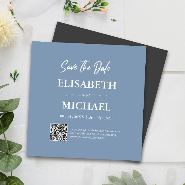 Minimal Dusty Blue Save the Date QR Code Wedding Magneteinladung (Magnetic invites stick to any metal, ensuring guests remember your special day with ease.)