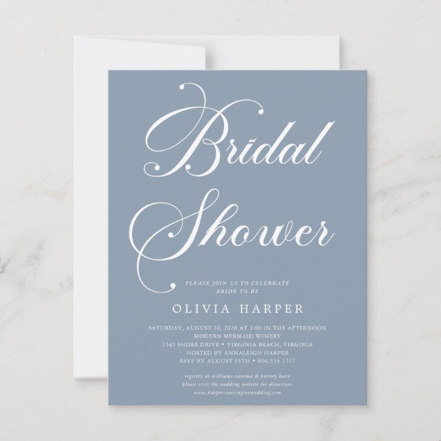 Minimal Dusty Blue Script Bridal Dusche Einladung (Vorderseite)