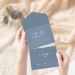 Minimal Dusty Blue Script Wedding All In One Einladung<br><div class="desc">Minimal Dusty Blue Script Hochzeit All-in-One Einladung. Stilvoll beeindrucken Sie Ihre Hochzeitsgäste mit dieser trendigen, staubblauen Hochzeitseinladung, die auf einem atemberaubenden blauen Hintergrund ein wunderschönes, weißes Drehbuch enthält. Diese Einladung hat ein atemberaubendes Schieferblau-Design, mit modernen und minimalistischen Farbtupfern, perfekt für Ihre einfache, trendige, minimalistische Hochzeit. Das minimale und stilvolle Layout...</div>