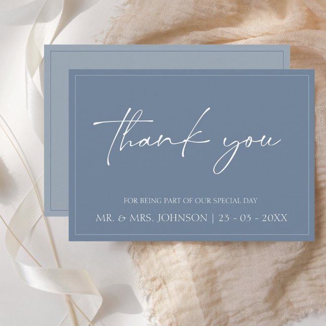 Minimal Dusty Blue Script Wedding danke You Card (Von Creator hochgeladen)