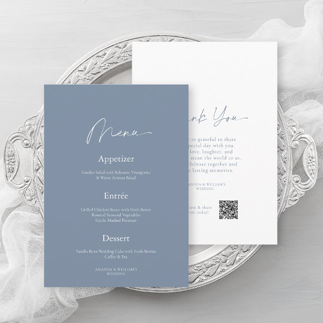 Minimal Dusty Blue Wedding Menü & Dankeschön Card Einladung (Von Creator hochgeladen)