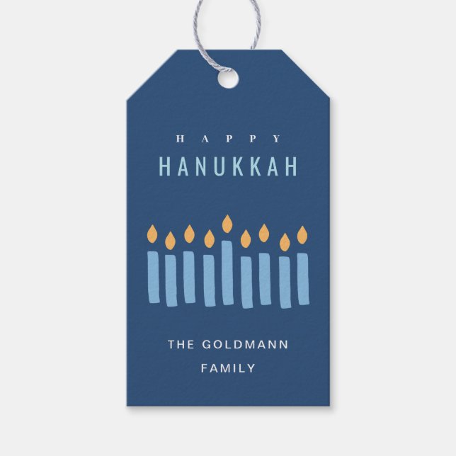 Minimal einfache blaugelbe Kerzen glücklich Hanukk Geschenkanhänger (Vorderseite)