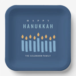 Minimal einfache blaugelbe Kerzen glücklich Hanukk Pappteller