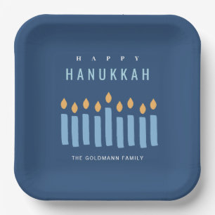 Minimal einfache blaugelbe Kerzen glücklich Hanukk Pappteller