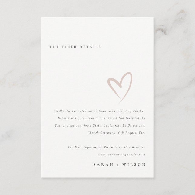 Minimal einfache Script Blush Heart Wedding Detail Begleitkarte (Vorderseite)