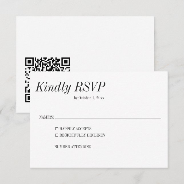 Minimal Elegant Black White Classic Wedding QR RSVP Karte (Vorne/Hinten)