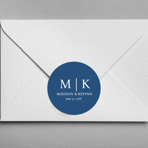 Minimal & elegant Blue & White Monogram Wedding Runder Aufkleber