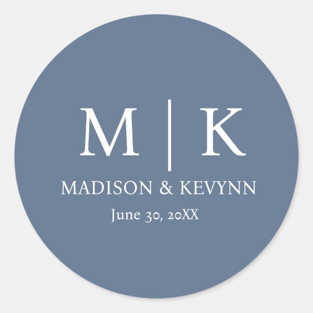 Minimal & elegant Blue & White Monogram Wedding Runder Aufkleber (Vorderseite)