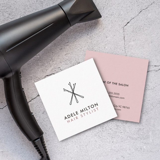 Minimal Elegant Blush Pink White Bobby Pins Hair Quadratische Visitenkarte (Von Creator hochgeladen)