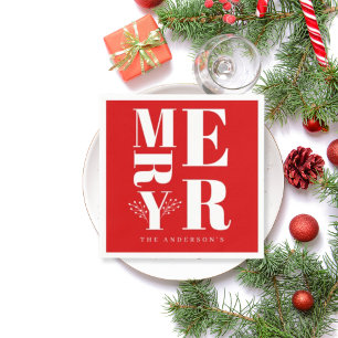Minimal Elegant Bright Red White Frohe Weihnachten Serviette