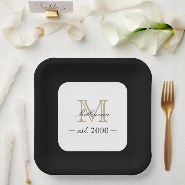 Minimal Elegant Gold Monogram Family Year Est. Pappteller (Hochzeit)