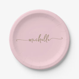 Minimal Elegant Gold Monogram Script rot pink Pappteller