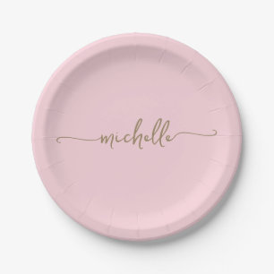 Minimal Elegant Gold Monogram Script rot pink Pappteller