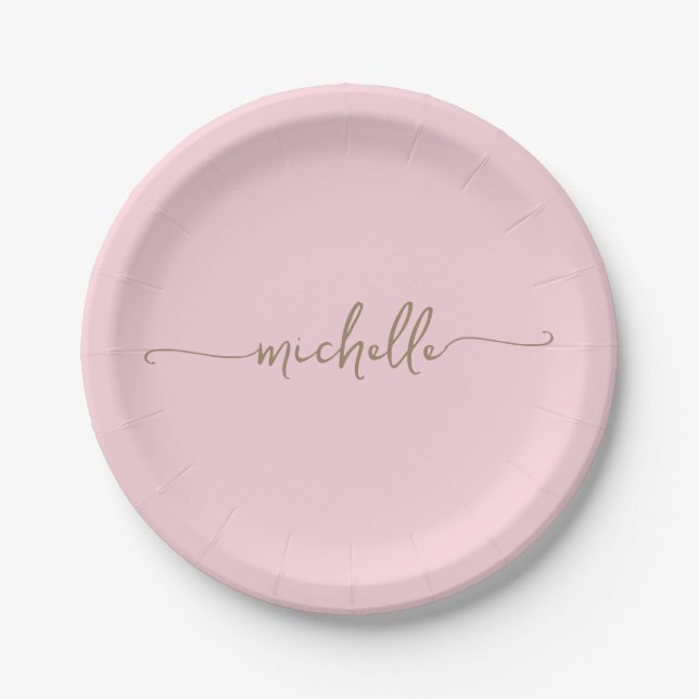 Minimal Elegant Gold Monogram Script rot pink Pappteller (Vorderseite)