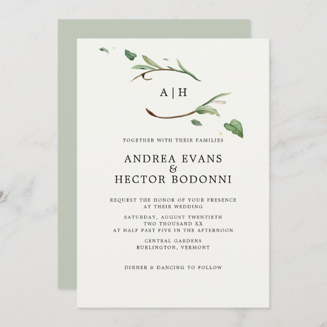 Minimal Elegant Greenery Monogram Wedding Einladung (Vorne/Hinten)