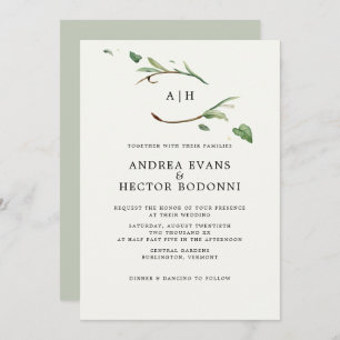 Minimal Elegant Greenery Monogram Wedding Einladung