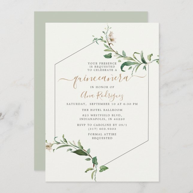 Minimal Elegant Grüne Flora Quinceñera Einladung (Vorne/Hinten)