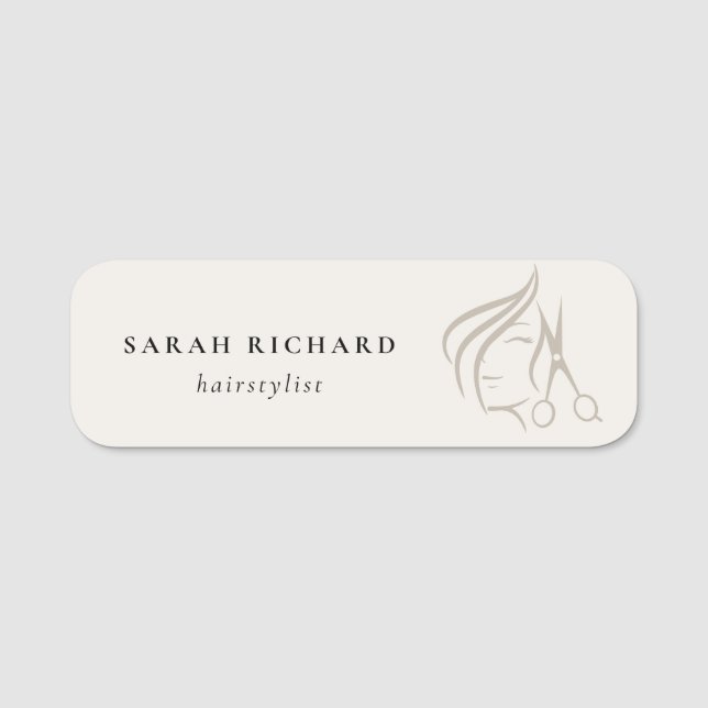 Minimal Elegant Haarstylist Elfenbeinhaarschere Namensschild (Vorderseite)