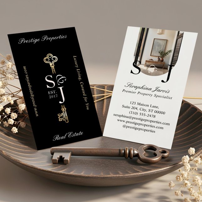 Minimal Elegant Key Monogram Stylish Arch Photo  Visitenkarte (Minimal Elegant Key Monogram Stylish Arch Photo Business Card)