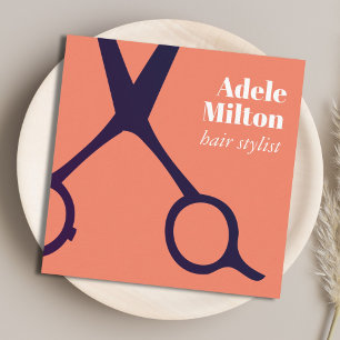 Minimal Elegant Lachs Blaue Schere Friseurstylisti Quadratische Visitenkarte