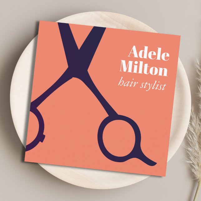 Minimal Elegant Lachs Blaue Schere Friseurstylisti Quadratische Visitenkarte (Von Creator hochgeladen)