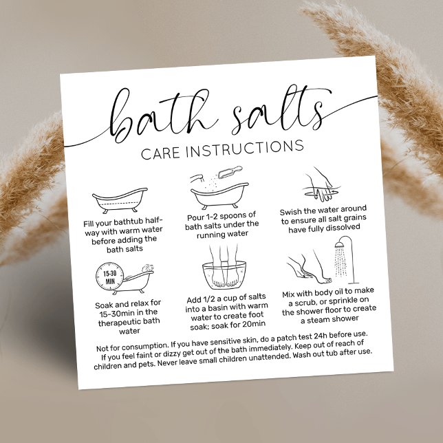 Minimal Elegant Logo Bath Salts Care Instructions Quadratische Visitenkarte (Bath salts care instructions cards with icons and safety information on how to use bath soak)