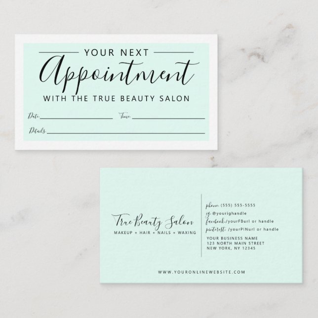 Minimal Elegant Mint Green White Border Script Terminkarte (Vorne/Hinten)