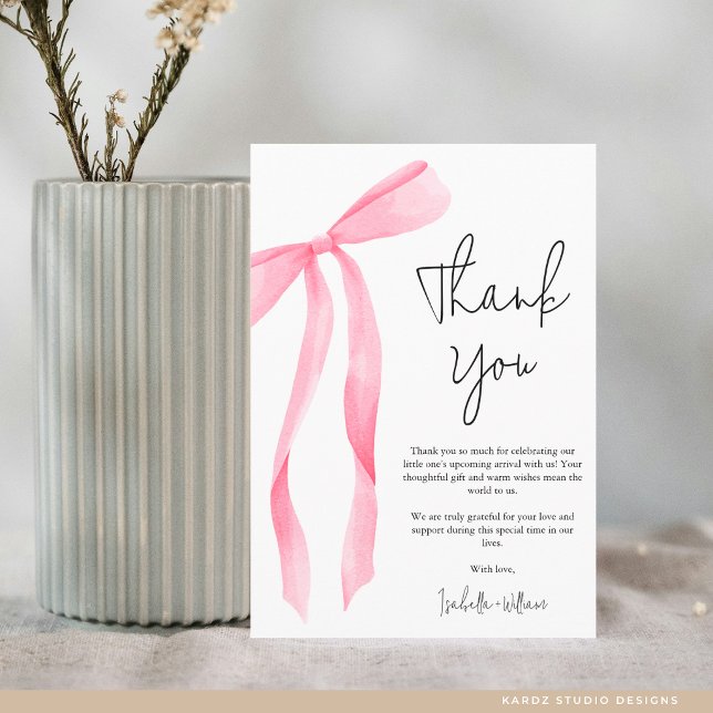 Minimal Elegant Pink Bow Baby Shower Dankeskarte (Flat Thank You Card in 3.5 x 5 inches. Personalize text, select size, paper, and corner style.)