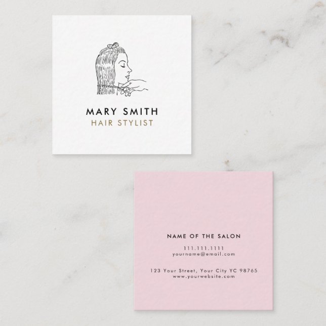Minimal Elegant Pink White  Hair Square Quadratische Visitenkarte (Vorne/Hinten)
