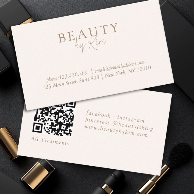Minimal-Elegant, Salon QR Code Visitenkarte (Beige & Brown Minimal Elegant, Salon QR Code Business Card)