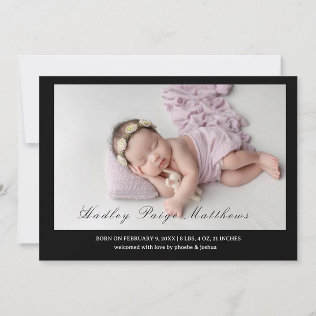 Minimal Elegant Script Baby Girl Arrival Card Ankündigung (Vorderseite)