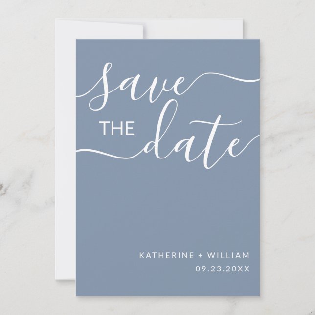 Minimal Elegant Script Dusty Blue Save the Date (Vorderseite)