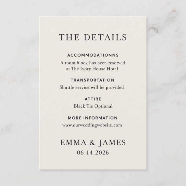Minimal Elegant Wedding Details Card Begleitkarte (Vorderseite)